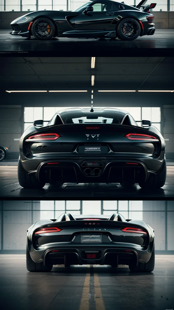there is a black Dodge Viper sports car parked inside of a glasshouse in front of a large window, with a forest in the background , concept art inspired by Harry Haenigsen, unsplash, photorealism, sports car in the room, hyper detailed, sports car, sportcar, 8 k octane detailed render, hyperdetailed!, black car, style of gta v artworks, hyper realistic octane render 4k, 8 k octane comprehensive render, full body shot, car photoshoot