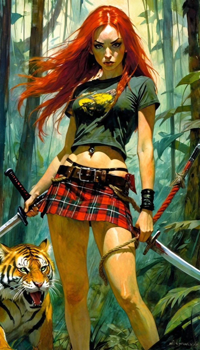 girl and her tiger sabertooth pet, sexy girl, long red hair, punk look, plaid miniskirt, rope belt, tight t-shirt, with a sword, threatening in a thick jungle,(art inspired by Bill Sienkiewicz). oil painting)