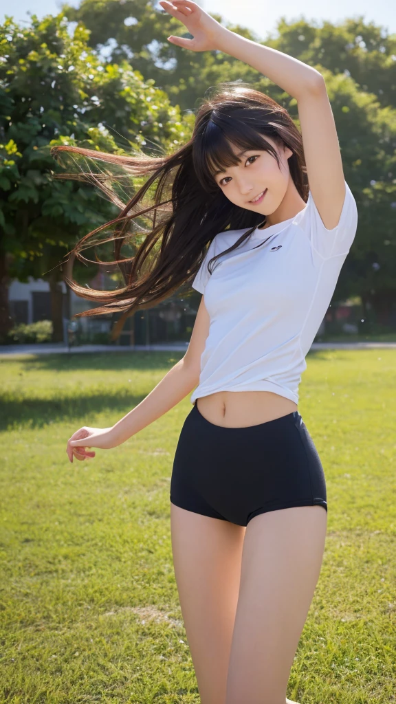 (masterpiece, highest quality:1.4), Award-winning portraits, 8k, 85mm, alone, Beautiful Face, Delicate girl,  (On the grass), Sophisticated, cute, , RAW Photos, Confused, High resolution, Sharp focus, Background blur、(((Flat  、thin and delicate body、Childish atmosphere)))、shiny semi-long hair、ponytail、Small mole on the left cheek、 Dark brown eyes、Hair swaying in the wind、sexy、Flexible legs、Simple gym clothes without text、Run、Jump