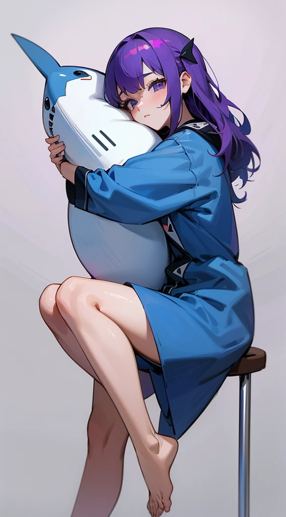 Top Quality, 8K, 4K, High Definition, Detail, (better-quality, 8K, 12), top-quality, 1 girl, purple short, sit down, hugs a shark pillow, wearing a shark PJ,