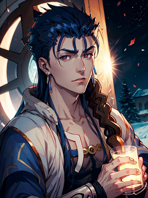 Cu_chulainn_(caster)_(fate)Ultra detailed, highres, absurdres, HDR, , blue black hair, red eyes, mole under his eye, Fate Zero, handsome, 1 man only, red curtains, moon, window, petals, 