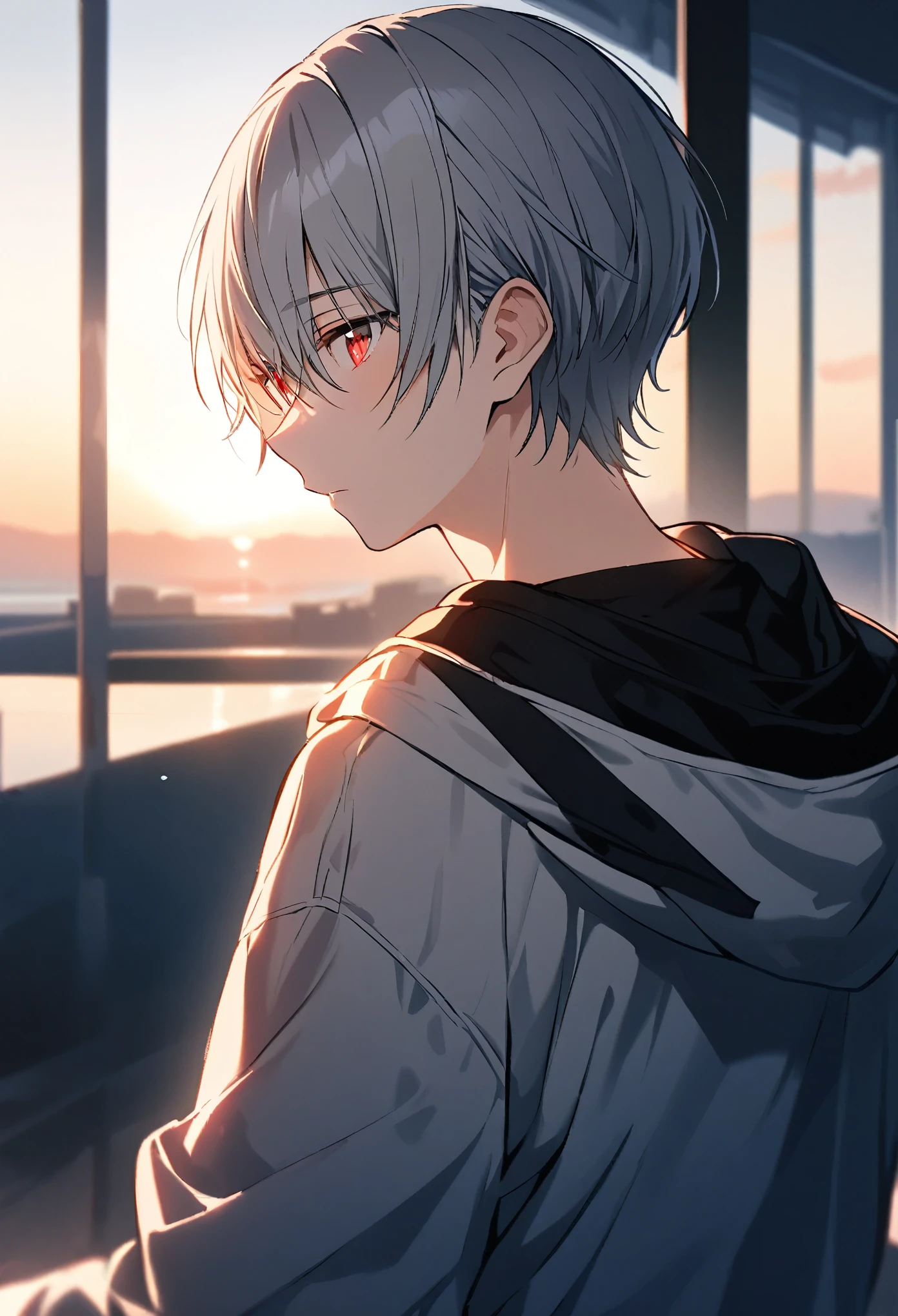 good looking, alone, 1 male, Gray Hair, Red eyes, Black Shirt, Black and white hooded, morning, White Light,Cute eyes,Short hairstyle,A cute boy,summer