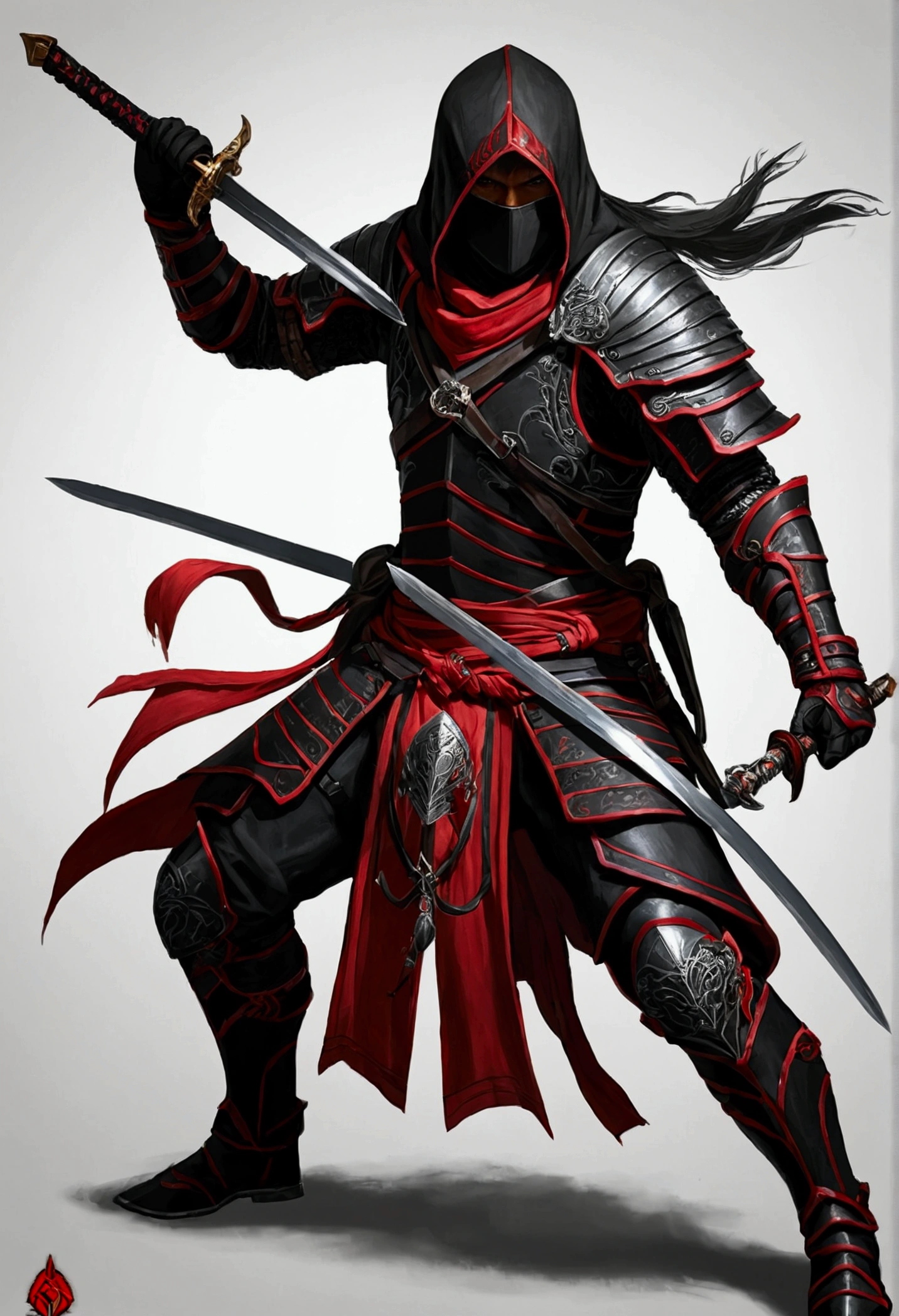 agile assassin,black and red armor,Two-handed sword wielding,Formidable