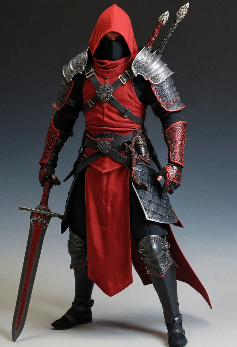 agile assassin,black and red armor,Two-handed sword wielding,Formidable