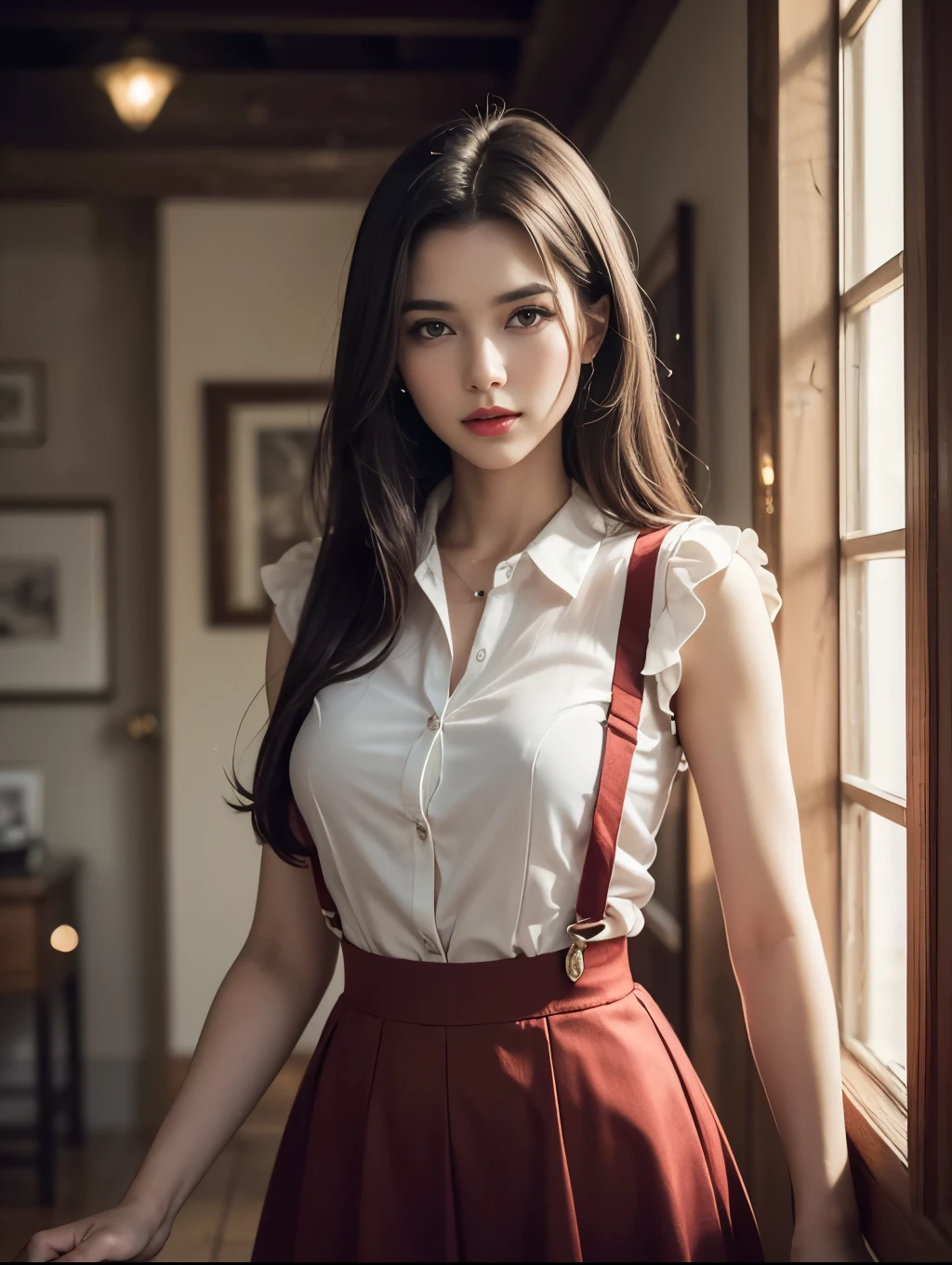 (Best quality,8k,high resolution,masterpiece:1.2),Digital Artwork,A girl,Delicate face,Delicate eyes,Dark brown hair,Straight Hair,Shining amber eyes,Red lips,suspender long skirt,particle,dust,Warm colors,shy,in love,Pokémon_Ibrahimovic,Ibrahimovic_Pokémon,Eevee drawing,Men's white collar shirt,necklace,Jewelry,Pretty Face,Large Breasts,more than_Body,Tyndall effect,lifelike,Dark Studio,(HD Skin:1.2),8k Ultra HD,Soft Light,high quality,Edge lighting,Two-color lighting,Volumetric Lighting,frank,Professional photography,超high resolution,8k,Bokeh,Shallow depth of field,Film photos,Pokémon_eevee