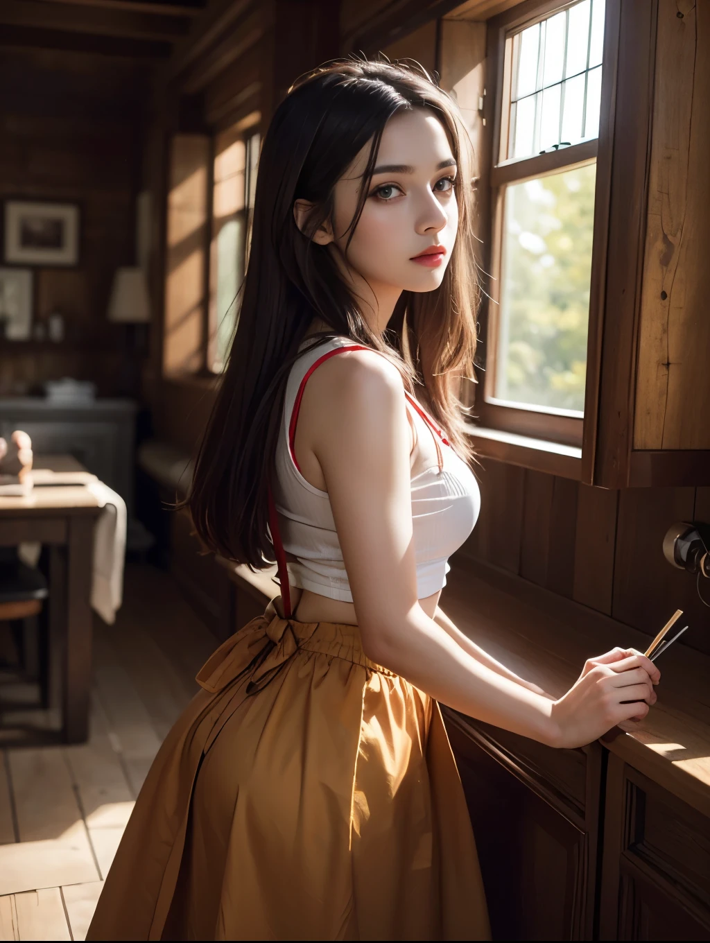 (Best quality,8k,high resolution,masterpiece:1.2),Digital Artwork,A girl,Delicate face,Delicate eyes,Dark brown hair,Straight Hair,Shining amber eyes,Red lips,suspender long skirt,particle,dust,Warm colors,shy,in love,Pokémon_Ibrahimovic,Ibrahimovic_Pokémon,Eevee drawing,Men's white collar shirt,necklace,Jewelry,Pretty Face,Large Breasts,more than_Body,Tyndall effect,lifelike,Dark Studio,(HD Skin:1.2),8k Ultra HD,Soft Light,high quality,Edge lighting,Two-color lighting,Volumetric Lighting,frank,Professional photography,超high resolution,8k,Bokeh,Shallow depth of field,Film photos,Pokémon_eevee