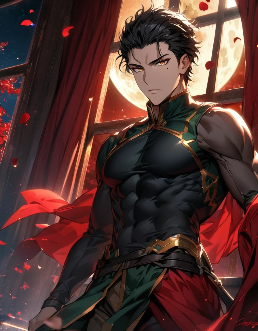 Ultra detailed, highres, absurdres, HDR, Diarmuid Ua Duibhne, black hair, golden eyes, mole under his eye, Fate Zero, handsome, 1 man only, red curtains, moon, window, petals,