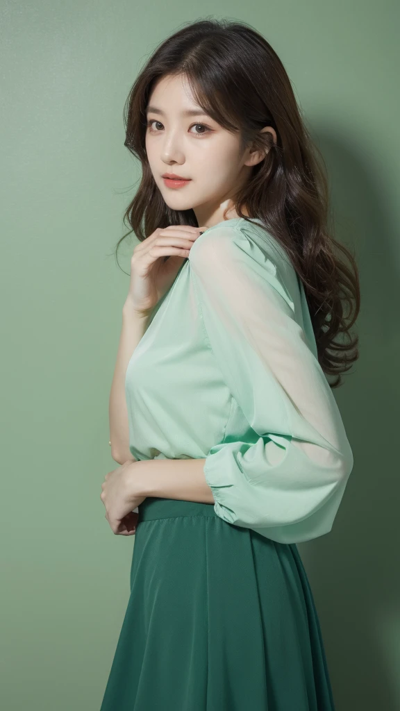 detailed background, masterpiece, best quality, 1 person , curly hair, long hair, purple eyes, star in eye ,green Strapless blouse, long skirt
