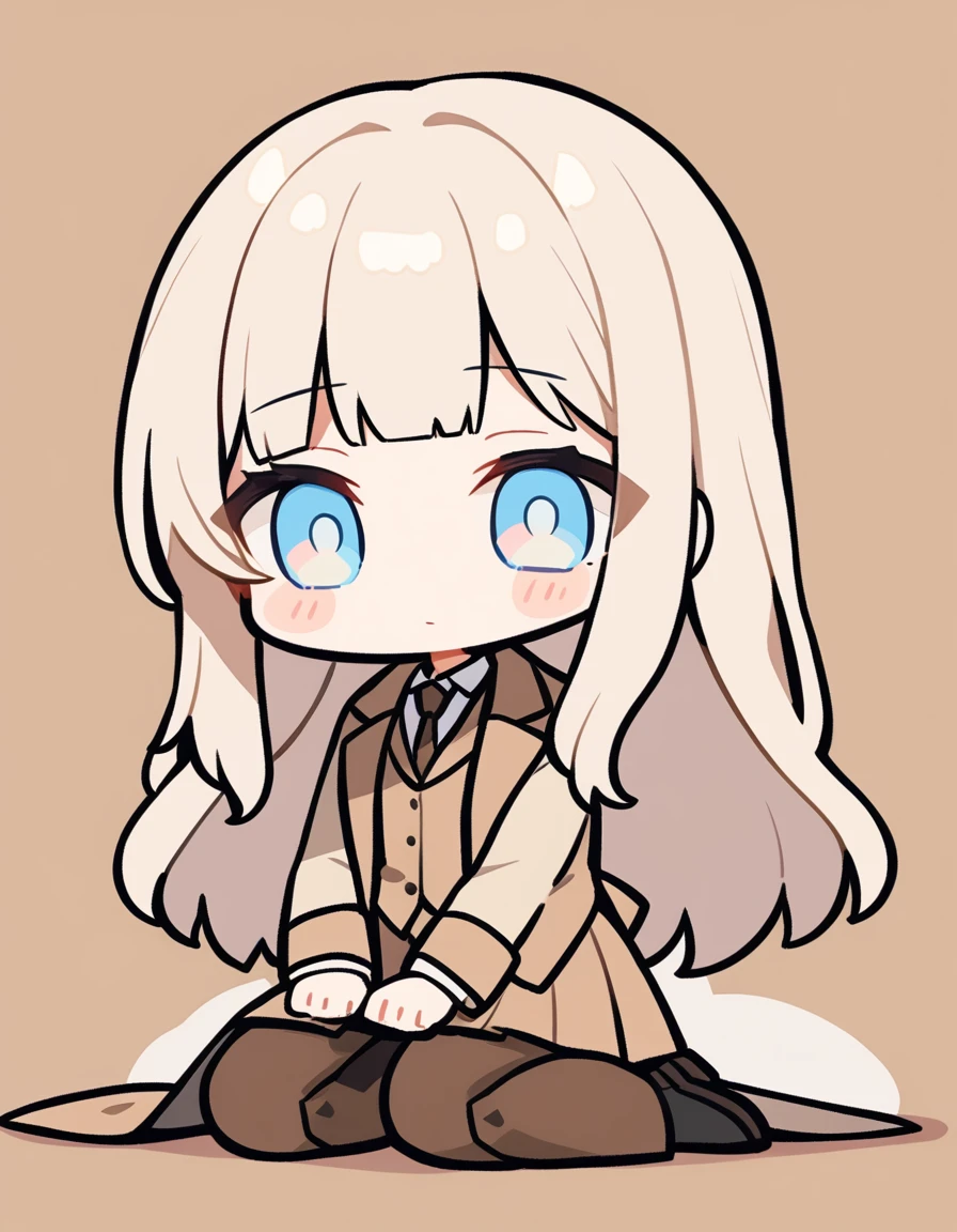 One girl, Beige hair、Long Hair、Bangs、Detective Suit、chibi,Light blue eyes、simple background、skirt、Brown clothes、Place your hands on the floor、Kneel