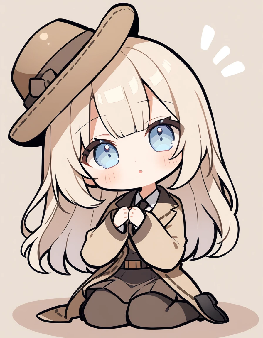 One girl, Beige hair、Long Hair、Bangs、Detective Suit、chibi,Light blue eyes、simple background、skirt、Brown clothes、Place your hands on the floor、Kneel