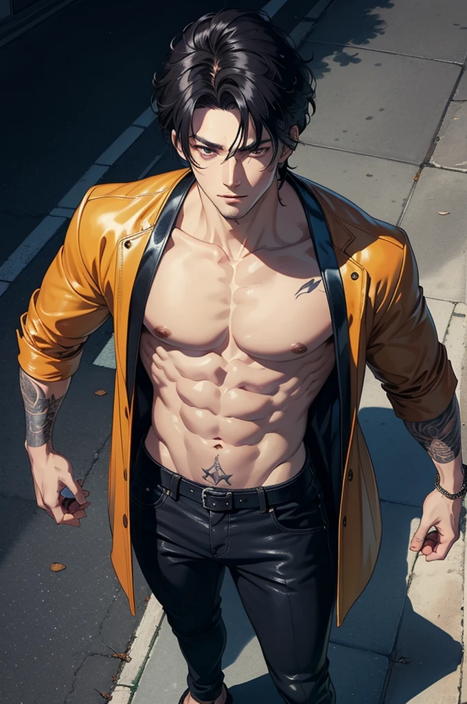 ((best quality)), ((masterpiece)), (detailed), 90s anime style, handsome man, Japanese, sexy clothes, muscular, anime boy, tatto, 1 male, adult, handsome, tall muscular guy, finely detailed eyes and detailed face, extremely detailed CG unitymasterpiece, black leather, looking at viewer, standing, straight-on, holding a banana between your legs
