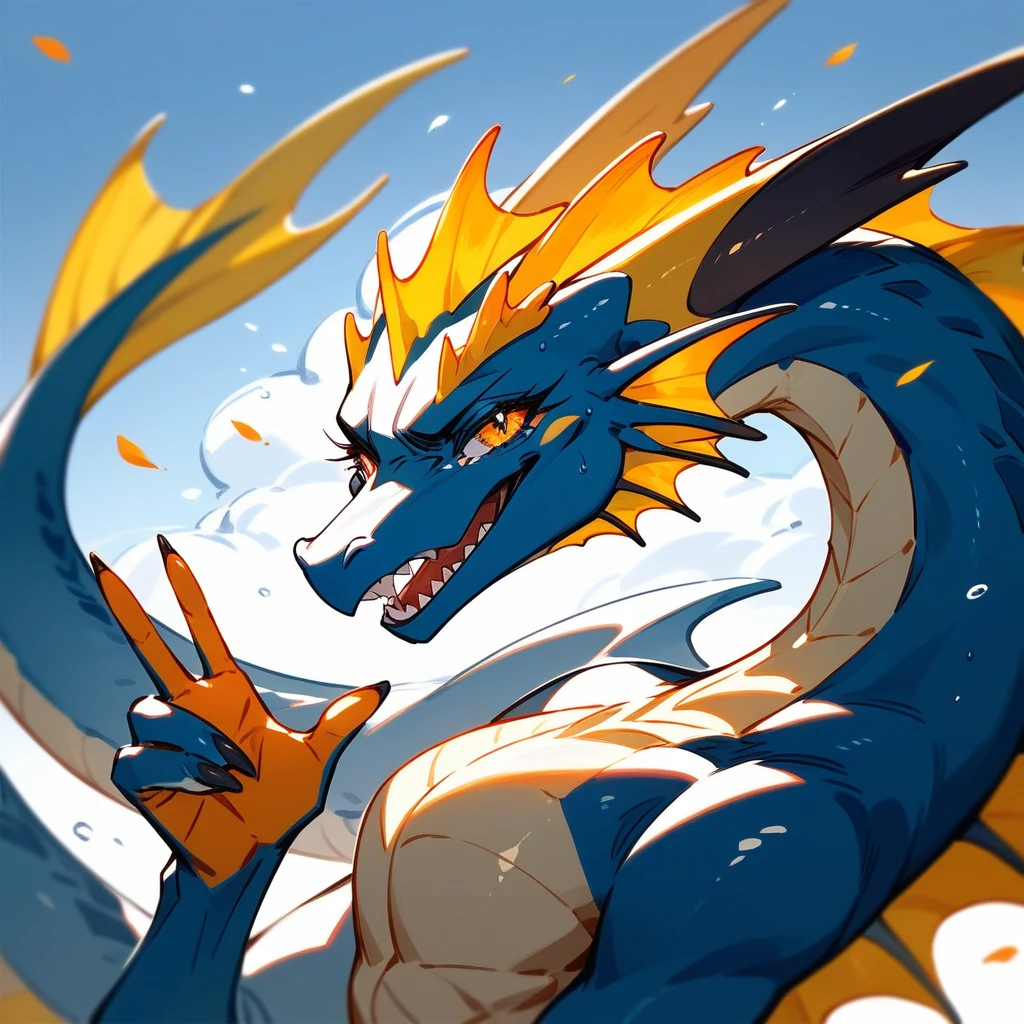 (score_9,score_8_up,score_7_up,score_6_up,score_5_up,score_4_up) Tear-dropped blue and yellow fin dragon in puppet art style