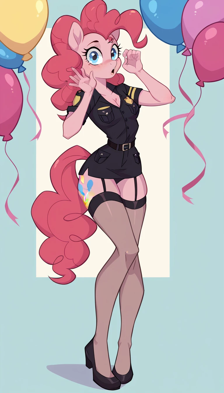 solo, girl, police uniform, sexy roleplay, seductive posing, NSFW, mlp style, anthro character, Pinkie Pie, pink skin, long curly rose hair, sexy opaque stockings, little breasts, surprise birthday party, at bedroom, seduce, offering body, offering pose, arousal, full body, focus on legs, masterpiece, high quality, best details