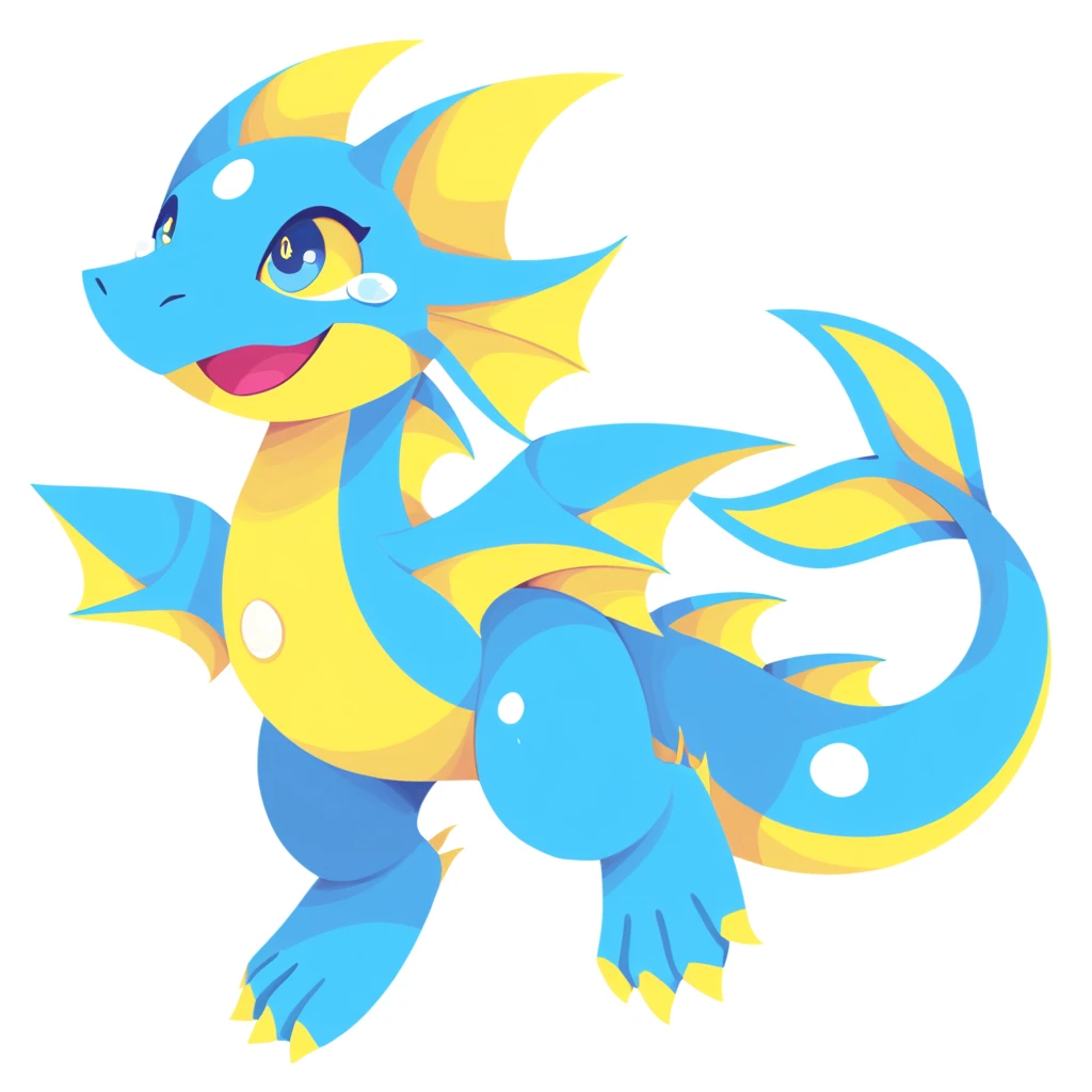 Tear-dropped blue and yellow fin dragon in puppet art style
