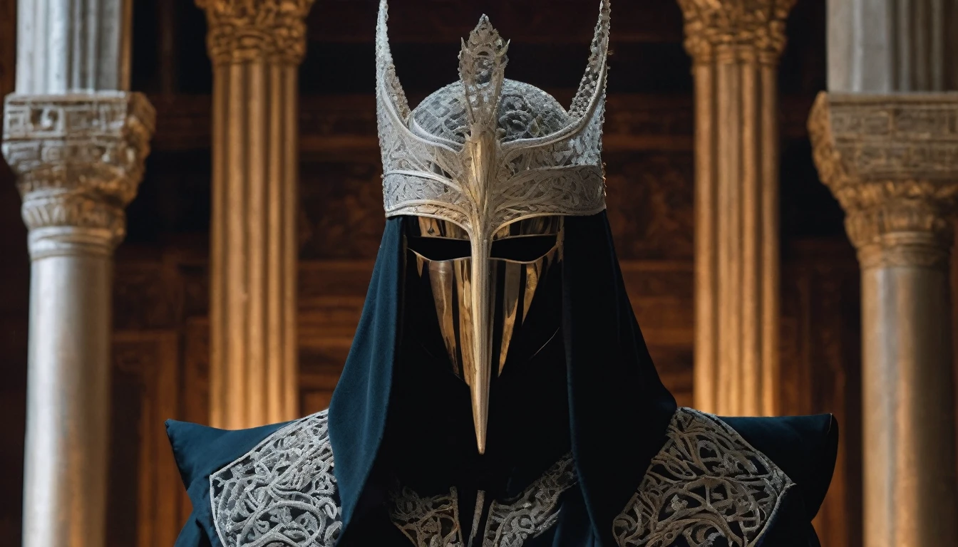 On the left, sitting rigidly on his throne, is the Judge of Opposition. His presence is imposing, emanating an aura of challenge. The silver mask covering his face is adorned with intricate interlaced patterns resembling thorns, symbolizing the constant search for flaws and imperfections.

His attire is a velvet black robe, embroidered with silver threads that shimmer in the torchlight. The eyes of the Judge of Opposition, visible only through narrow slits in the mask, shine with a piercing intensity, as if they could penetrate the soul of anyone who dares to lie before him. His hands, gloved in dark leather, rest on the arms of the throne, fingers tapping silently in a steady and unsettling rhythm.