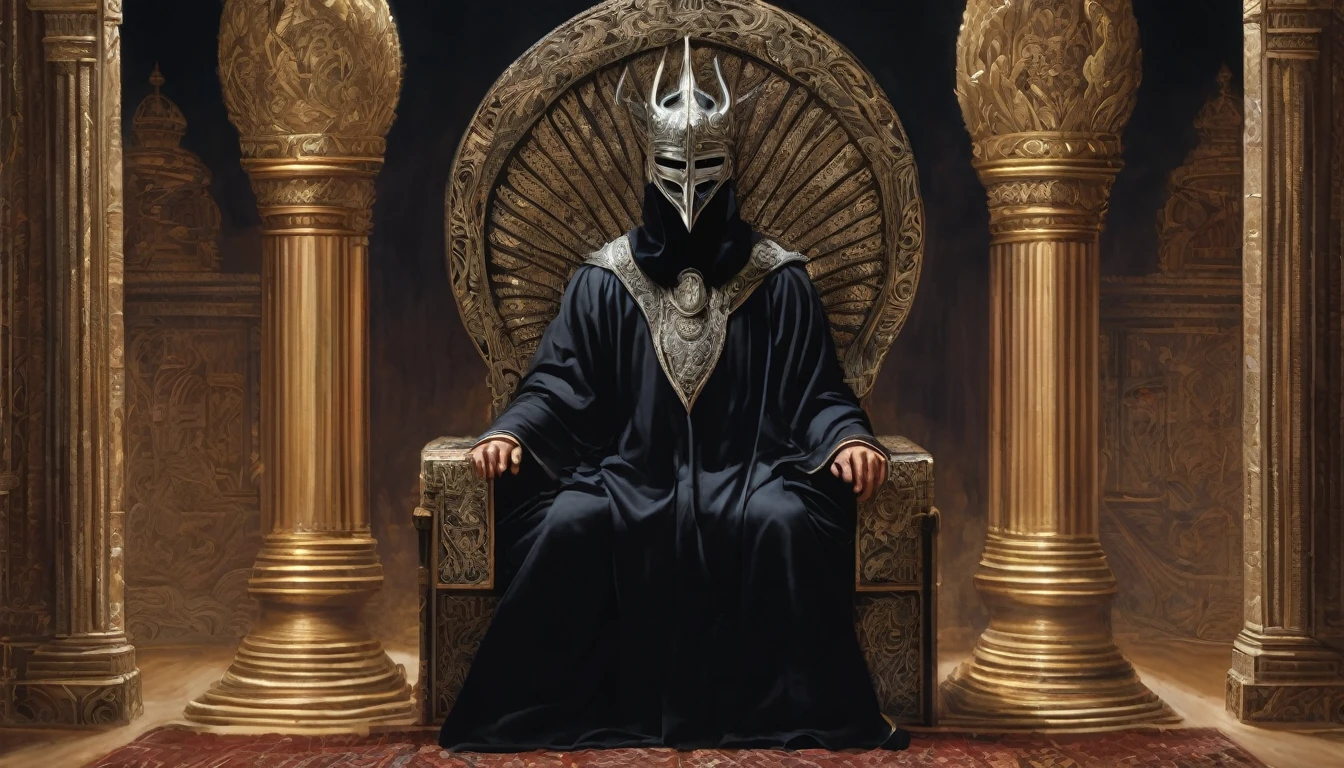 On the left, sitting rigidly on his throne, is the Judge of Opposition. His presence is imposing, emanating an aura of challenge. The silver mask covering his face is adorned with intricate interlaced patterns resembling thorns, symbolizing the constant search for flaws and imperfections.

His attire is a velvet black robe, embroidered with silver threads that shimmer in the torchlight. The eyes of the Judge of Opposition, visible only through narrow slits in the mask, shine with a piercing intensity, as if they could penetrate the soul of anyone who dares to lie before him. His hands, gloved in dark leather, rest on the arms of the throne, fingers tapping silently in a steady and unsettling rhythm.