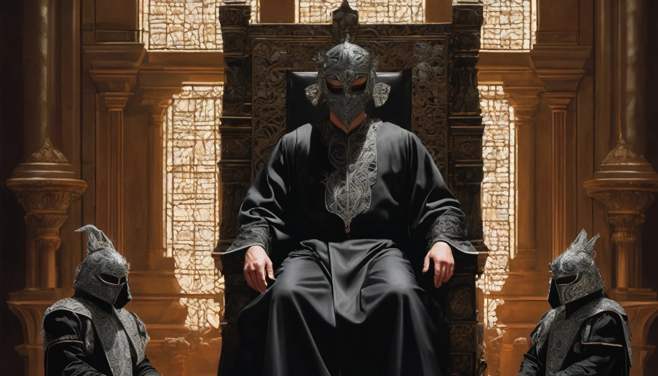 On the left, sitting rigidly on his throne, is the Judge of Opposition. His presence is imposing, emanating an aura of challenge. The silver mask covering his face is adorned with intricate interlaced patterns resembling thorns, symbolizing the constant search for flaws and imperfections.
His attire is a velvet black robe, embroidered with silver threads that shimmer in the torchlight. The eyes of the Judge of Opposition, visible only through narrow slits in the mask, shine with a piercing intensity, as if they could penetrate the soul of anyone who dares to lie before him. His hands, gloved in dark leather, rest on the arms of the throne, fingers tapping silently in a steady and unsettling rhythm.
