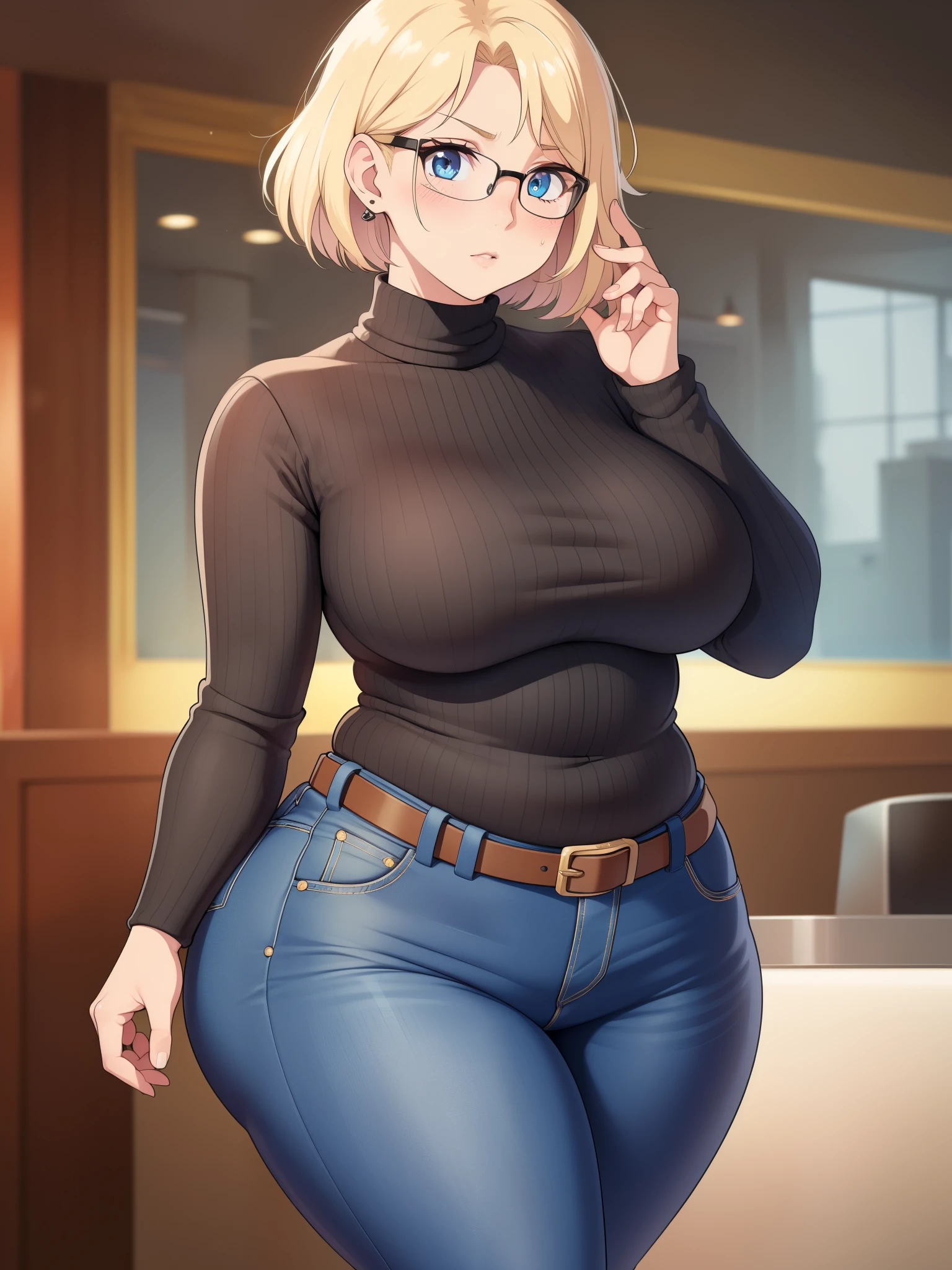 ((Masterpiece)), perfect anatomy, perfect shading, field of depth, (best quality), extremely delicate and beautiful, perfect lighting, detailed face, ultra cute face, cute, (cowboy shot 1.2), full body, (((1girl))), ((solo)), looking at viewer,
short hair, fluffy hair, blonde hair, blue eyes, Glasses, ((Blush)), shy, nervous, (black turtleneck sweater 1.5), (jeans 1.2), belt, extremely tight clothes, medium breasts, ((wide hips)), ((thick thighs)), ((chubby)),
coffee shop, intricate background, detailed background,