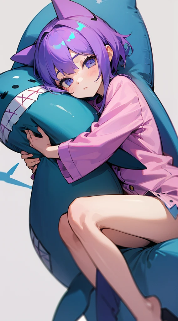 Top Quality, 8K, 4K, High Definition, Detail, (better-quality, 8K, 12), top-quality, 1 girl, purple short, sit down, hugs a shark pillow, wearing a shark PJ,