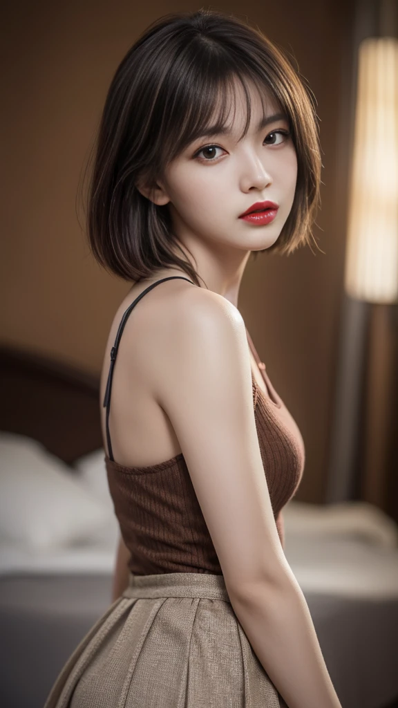 Best quality, masterpiece, Ultra-high resolution, (Realistically:1.5), RAW photos, 1 girl, Facing the camera, In the dark of night, Cold Light, sexy look, Messy short hair,Reality, (Delicate face),Tattoo,of the night city,Casual formal wear,dark red hair,Half Body,front
