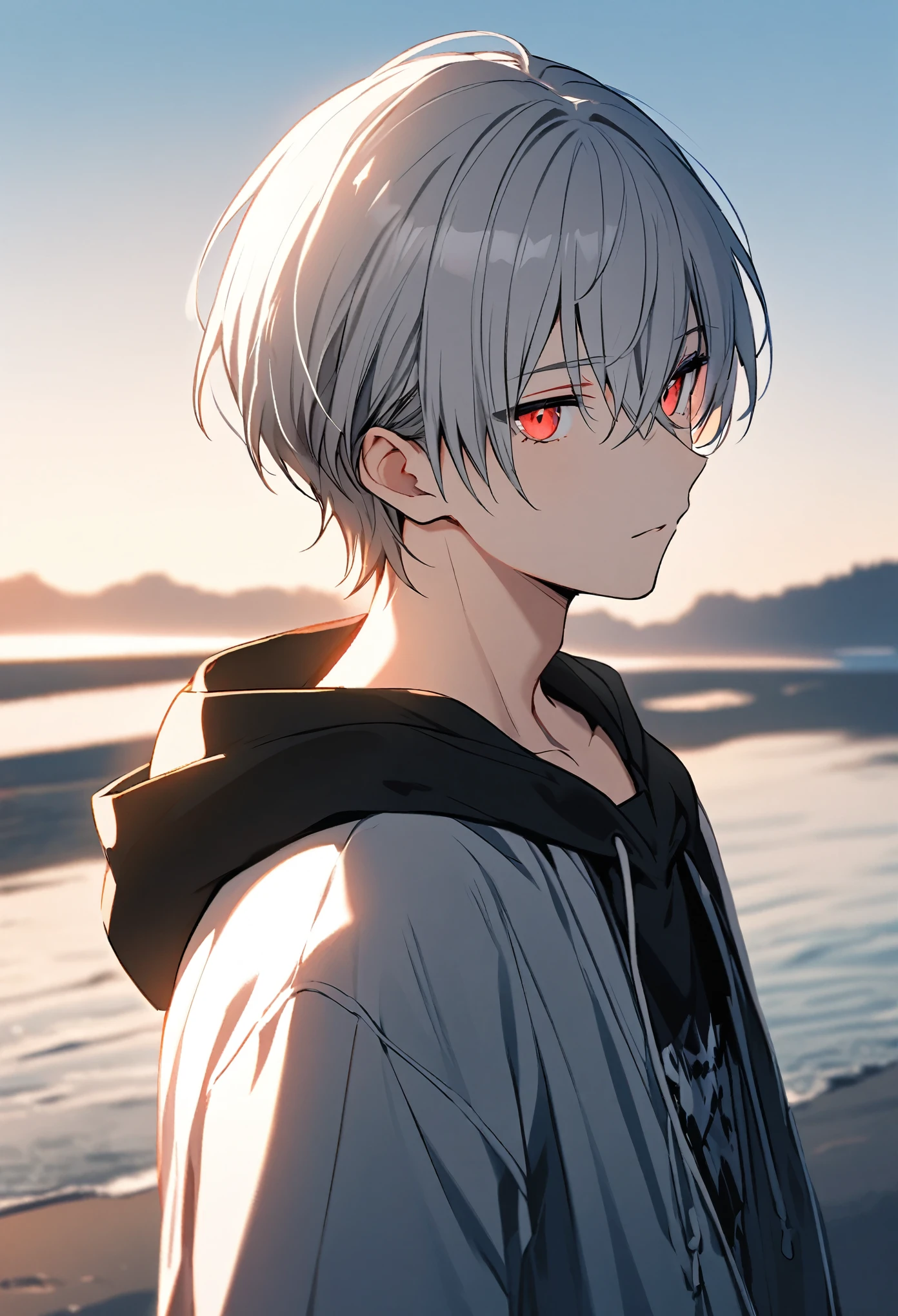 good looking, alone, 1 male, Gray Hair, Red eyes, Black Shirt, Black and white hooded, morning, White Light,Cute eyes,Short hairstyle,A cute boy,summer