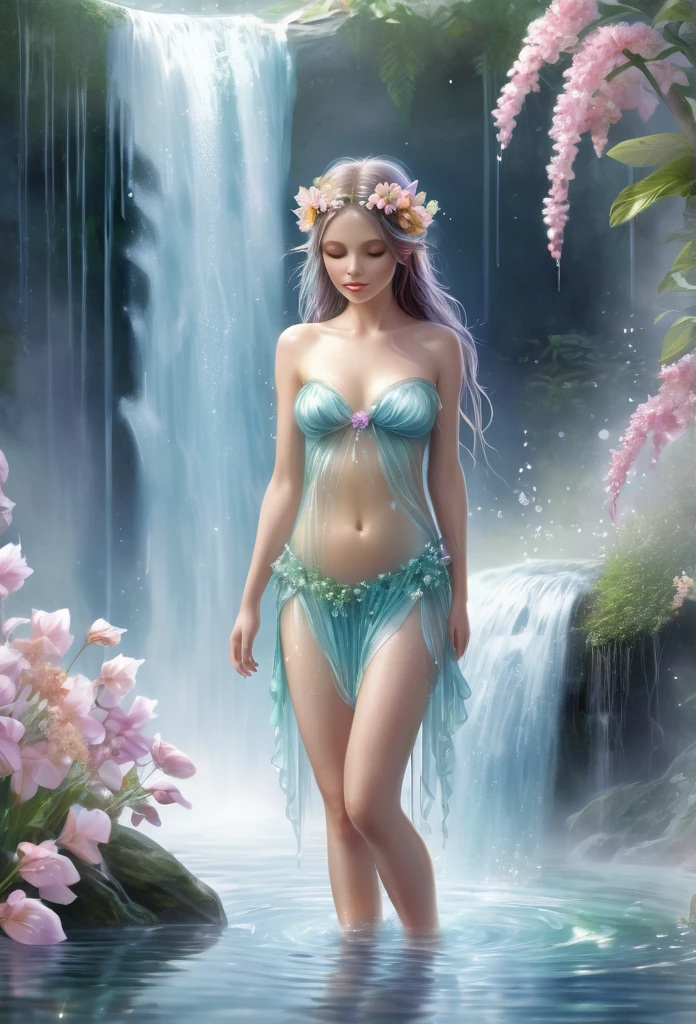 fairy girl,full body,((sensually bathing in a waterfall))sparkling water, waterfall,soft colors flowers,mist,fantasy illustration,perfect anatomy, highly detailed,work of art