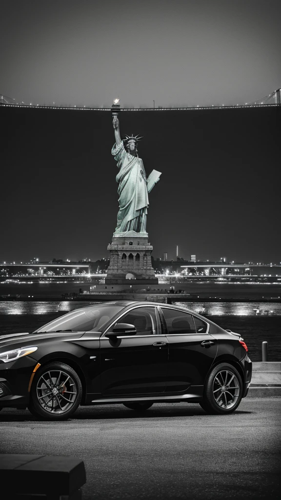 arafed black car parked in front of a statue of liberty, kodakchrome : : 8 k, low view, black car, perfectly poised, hyper detailed hyper detailed, wide body, low angle view, new york city, modern minimalist f 2 0, poised, f / 1 1. 0, high contrast 8k, dark setting, portrait shot 8 k