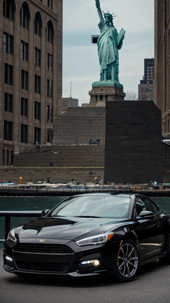 arafed black car parked in front of a statue of liberty, kodakchrome : : 8 k, low view, black car, perfectly poised, hyper detailed hyper detailed, wide body, low angle view, new york city, modern minimalist f 2 0, poised, f / 1 1. 0, high contrast 8k, dark setting, portrait shot 8 k