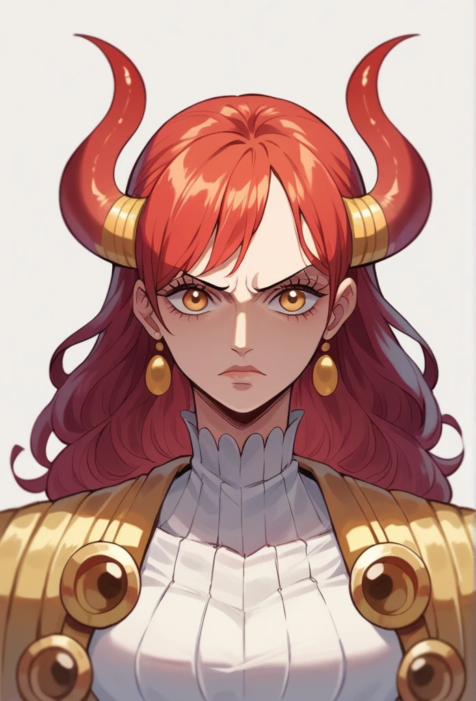 female character from one piece swordsman with long red hair and yellow eyes with big eyelashes very beautiful