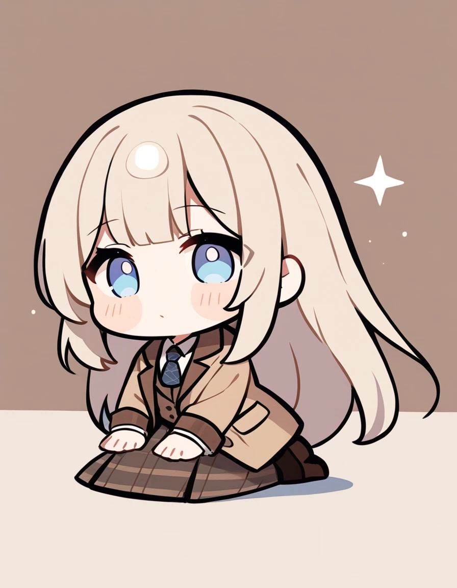 One girl, Beige hair、Long Hair、Bangs、Detective Suit、chibi,Light blue eyes、simple background、skirt、Brown clothes、Place your hands on the floor、Kneel