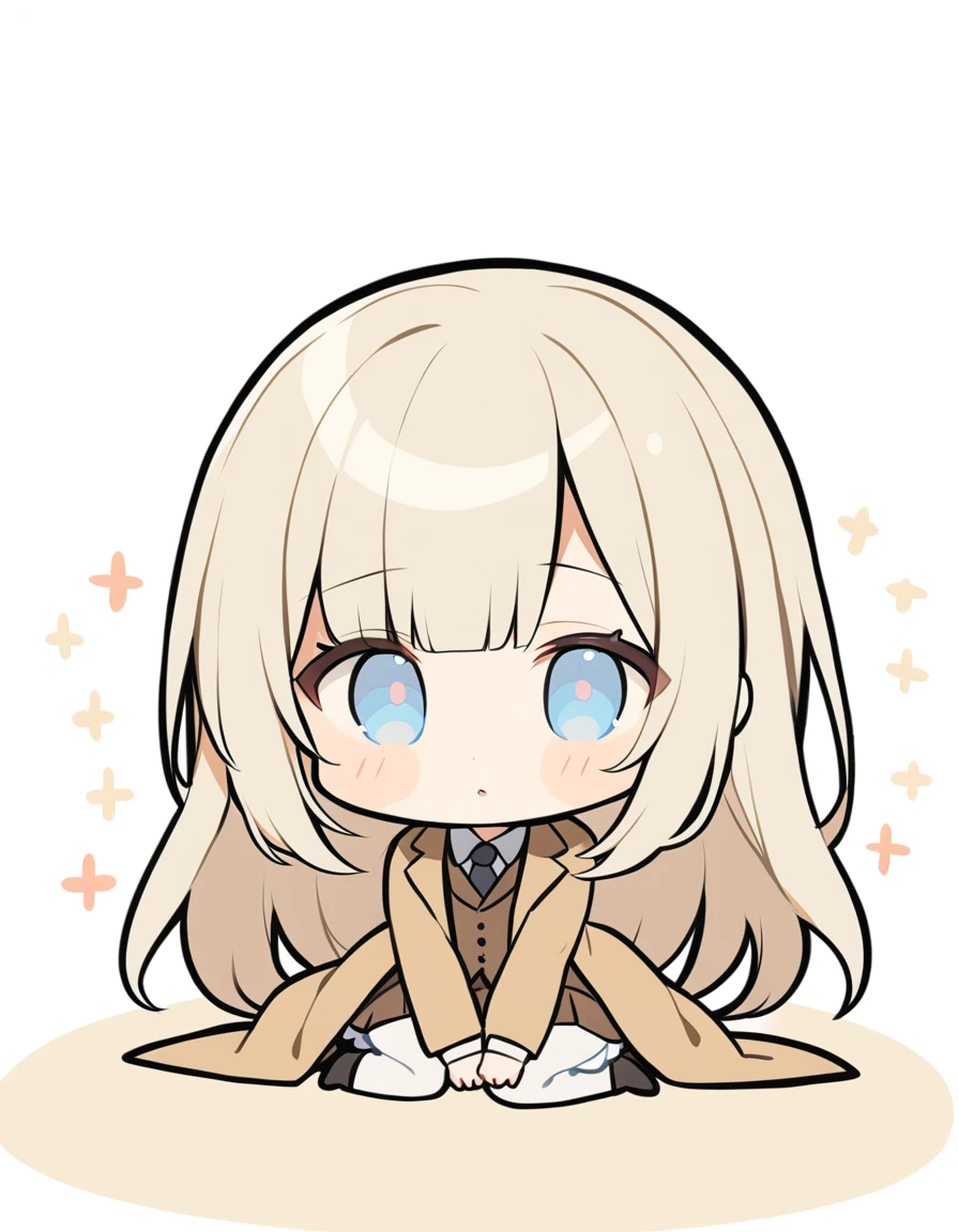 One girl, Beige hair、Long Hair、Bangs、Detective Suit、chibi,Light blue eyes、simple background、skirt、Brown clothes、Place your hands on the floor、Kneel