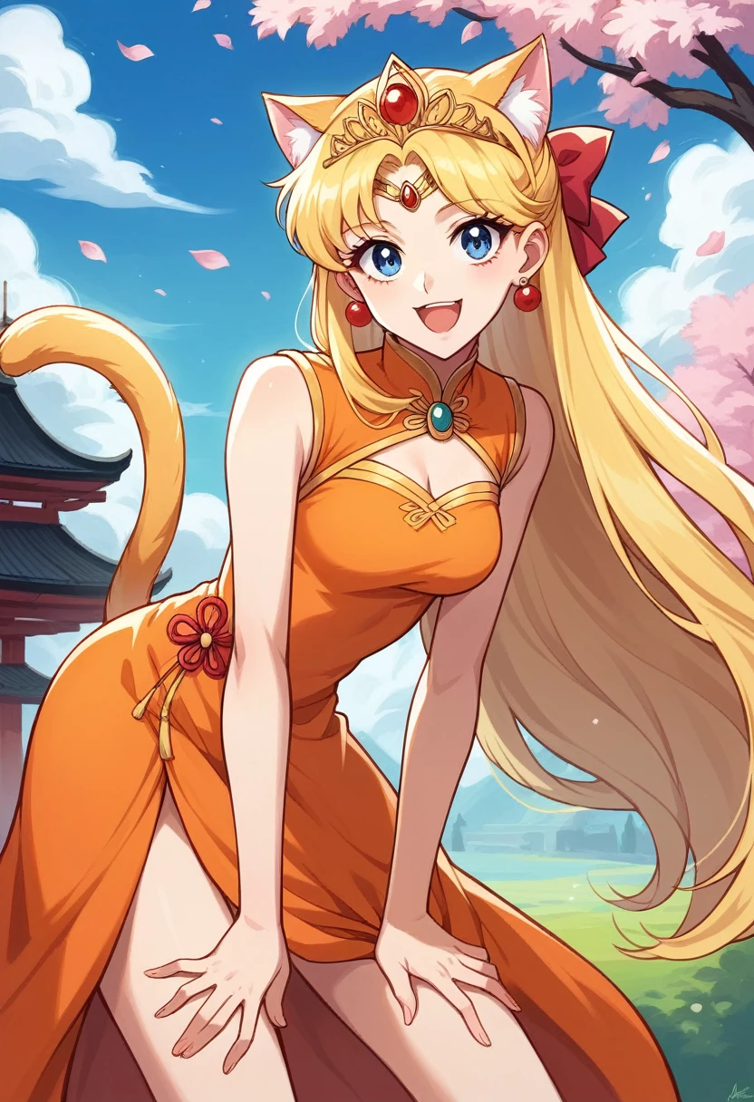 (masterpiece, best quality, very aesthetic, ultra detailed), intricate details, 4k, aavenus, long hair, blonde hair, hair bow, tiara, earrings, blue eyes, orange cat dress, cat ears, cat tail, smile, open mouth, cherry blossoms, standing, cowboy shot, outdoors, leaning forward, hands on own thighs,dynamic pose