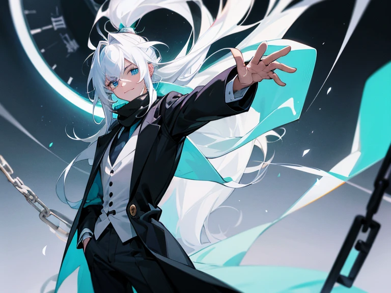 1 man with long white hair and hair tied back wearing a black overcoat covering his white shirt with a cyan tie and black dress pants with pockets and chains while wearing a white scarf with a tall white background with a smile and a time clock showing 12 hours and 28 black and white Roman minutes and conjuring a magic in the form of a temporal clock in cyan color with his hair looking like Meliodas with a masculine but beautiful face