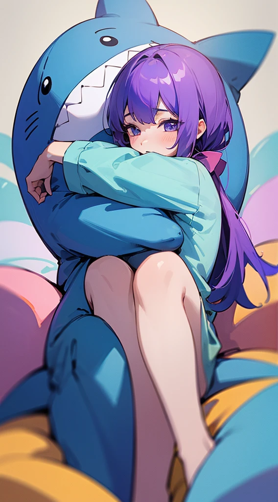 Top Quality, 8K, 4K, High Definition, Detail, (better-quality, 8K, 12), top-quality, 1 girl, purple short, sit down, hugs a shark pillow, wearing a shark PJ,