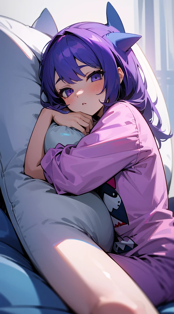 Top Quality, 8K, 4K, High Definition, Detail, (better-quality, 8K, 12), top-quality, 1 girl, purple short, sit down, hugs a shark pillow, wearing a shark PJ,
