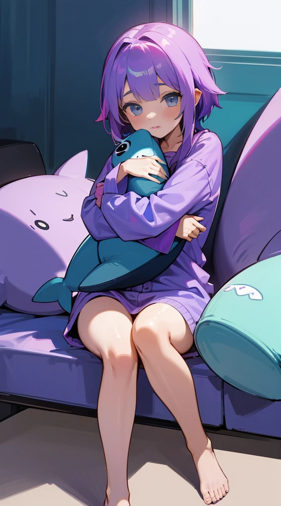 Top Quality, 8K, 4K, High Definition, Detail, (better-quality, 8K, 12), top-quality, 1 girl, purple short, sit down, hugs a shark pillow, wearing a shark PJ,