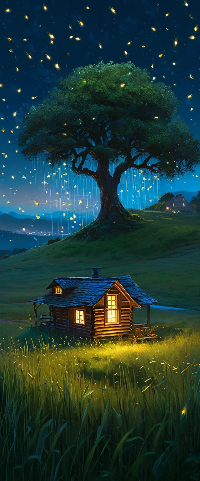 that animerealistic scene of a cabin under a tree, in a field of short grasses, that night with fireflies coming out of the pasture, Raining, ULTRA Style Kilian Eng and Thomas Kinkade, Rob Gonsalves and Tim White , silvain sarriel. Rhads and Thomas Kinkade, inspired by RHADS, cyril rolando and m.I'm confused, cyril rolando and m. I'm confused, Rhads!!!, animated background, animated background art, beautiful anime scene, Over the clouds, Kilian Eng y Thomas Kinkade, Rob Gonsalves y Tim White., silvain sarriel, Rhads y Thomas Kinkade, inspired by RHADS, cyril rolando and m.I'm confused, cyril rolando and m. I'm confused, Rhads!