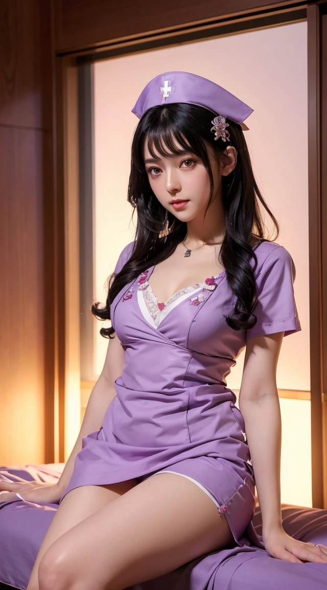 (Highest quality:1.4), High resolution, masterpiece,, One girl,, Black Hair, Purple eyes, (Kemomimi), Medium chest, Naked thin thighs,, hair ornaments, (Nurse's clothes), blush,, lanthanum, shrine,, Detailed face,