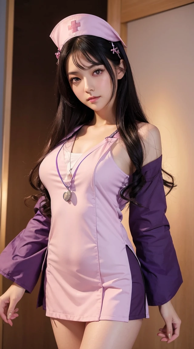 (Highest quality:1.4), High resolution, masterpiece,, One girl,, Black Hair, Purple eyes, (Kemomimi), Medium chest, Naked thin thighs,, hair ornaments, (Nurse's clothes), blush,, lanthanum, shrine,, Detailed face,