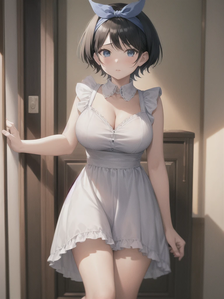 masterpiece, Highest quality, girl, maiis apron , Hair Ribbon, 
 (Mature Woman:1.3),  Large Breasts, 
short hair, Black Hair,  blue eyes , :is,
river, flower、Completely naked