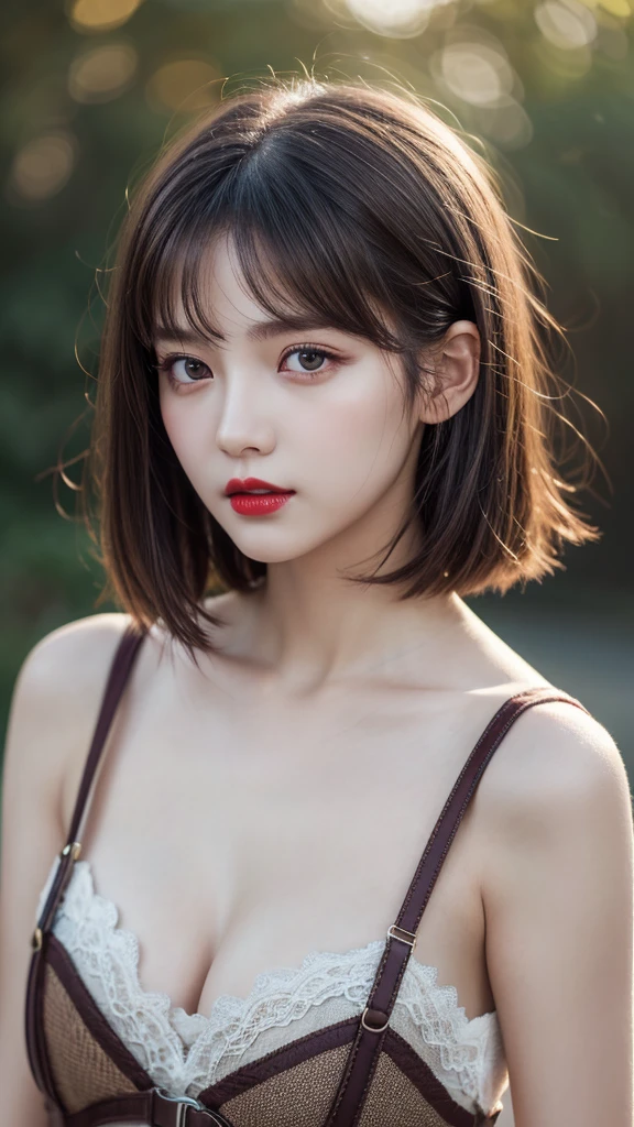 (Highest quality,8k,High resolution,masterpiece:1.2),Digital Art, girl,Delicate face,Delicate eyes,Dark brown hair,Short Straight Hair,Sparkling amber eyes,Red lips,suspenders ,particle,Dust,Warm colors,shy,in love,(HD Skins),Shallow depth of field