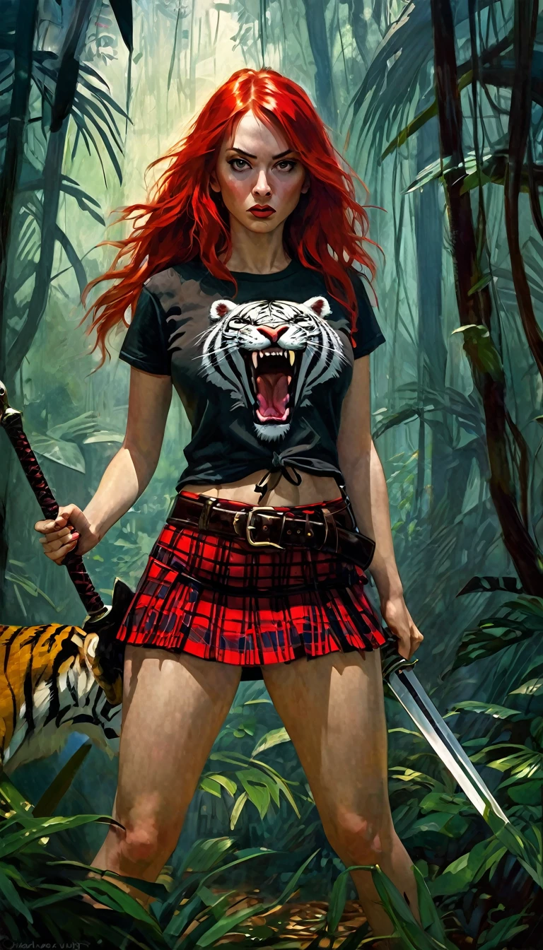 girl and her tiger sabertooth pet, sexy girl, long red hair, punk look, plaid miniskirt, rope belt, tight t-shirt, with a sword, threatening in a thick jungle,oil painting, chiaroscuro, sensual, dramatic lighting, moody atmosphere, photorealistic, intricate details, masterpiece, ultra-detailed, high quality, 8k, best quality, realistic, cinematic, dark and brooding, expressionistic, powerful composition, emotional impact, Bill Sienkiewicz inspired art