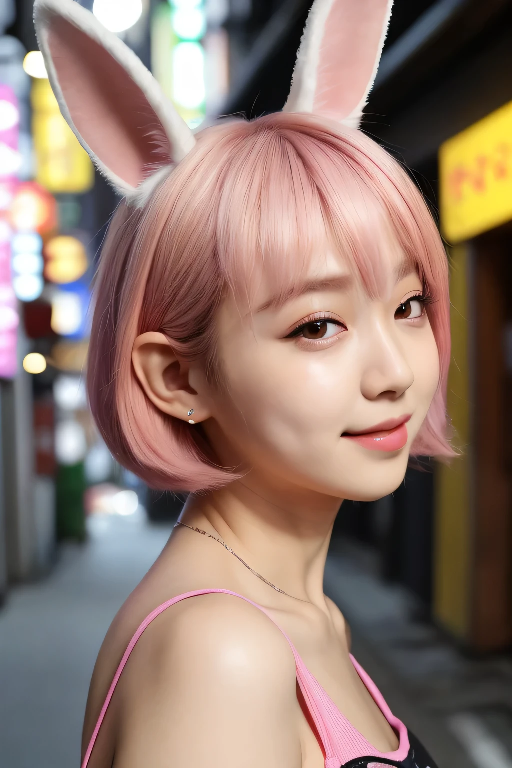 Back alleys in Tokyo、Night city、Neon Street、Sports good、Jeans shorts、Pink hair、Realistic rabbit ears、rabbit ears pink hair sticking out of the head,,,,,,,,,、smil、Bewitching atmosphere、Beautiful shaped hands、K-POP、Pink rabbit ears、1 girl in、solo、 masterpiece、top-quality、realisitic、Hyper-detailing、(Glossy skin:1.4)、absurderes、short pink hair、Slender beauties、Dynamic Lighting、hight resolution、sharp focus、depth of fields、(thick thight:1.0)、A slender :1.2、:1.5、((Short-cut bob hair))、((k pop:1.3))、Highly detailed facial and skin texture、((Enchanting))、Anatomically correct number of fingers、Correct anatomy、Angle from below