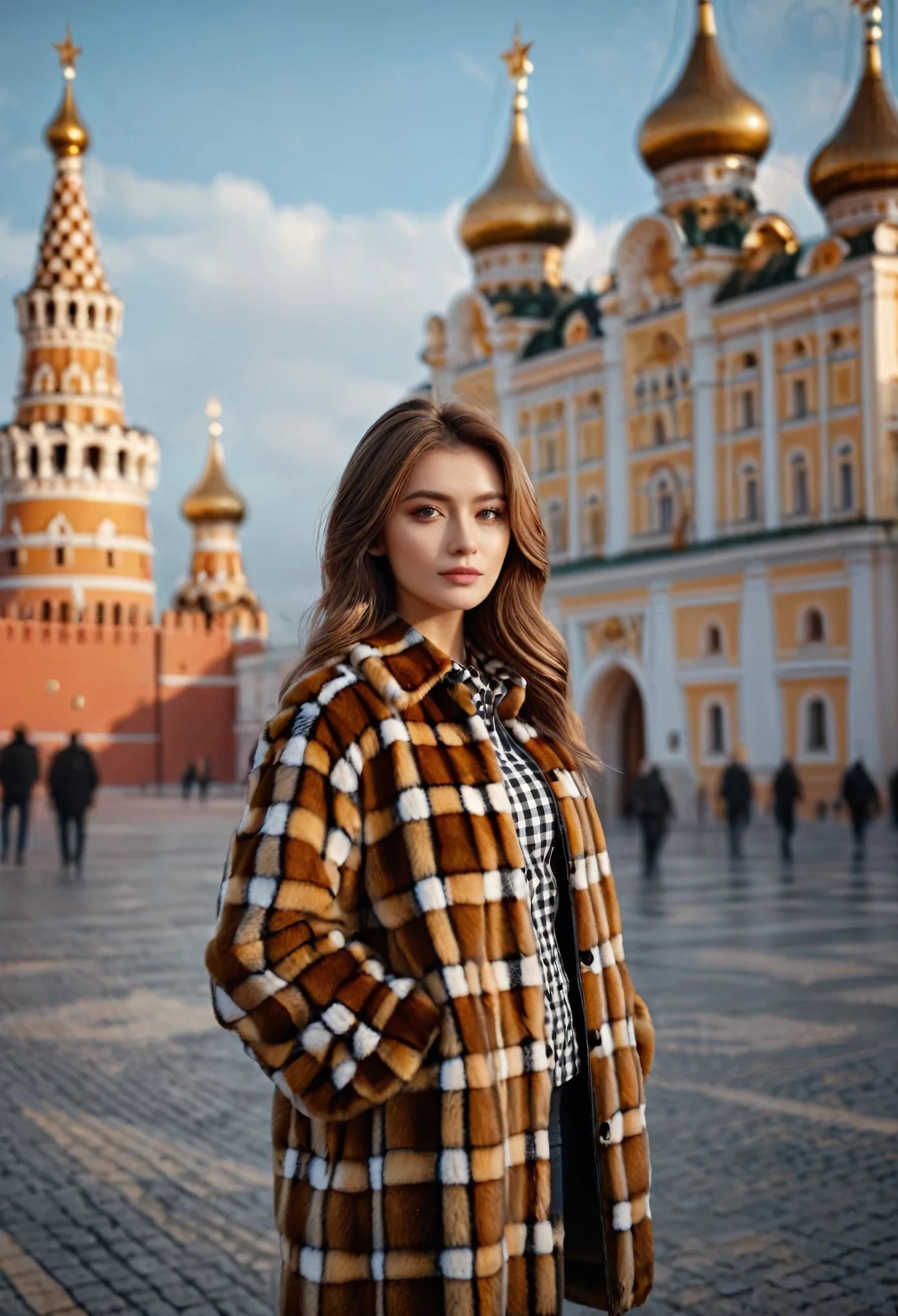 1 girl in a checkered shirt and fur coat, standing in front of the Kremlin Palace, outdoor setting, beehive, best quality, 8k, 4k, masterpiece, photorealistic, ultra-detailed, sharp focus, physically-based rendering, vivid colors, concept art