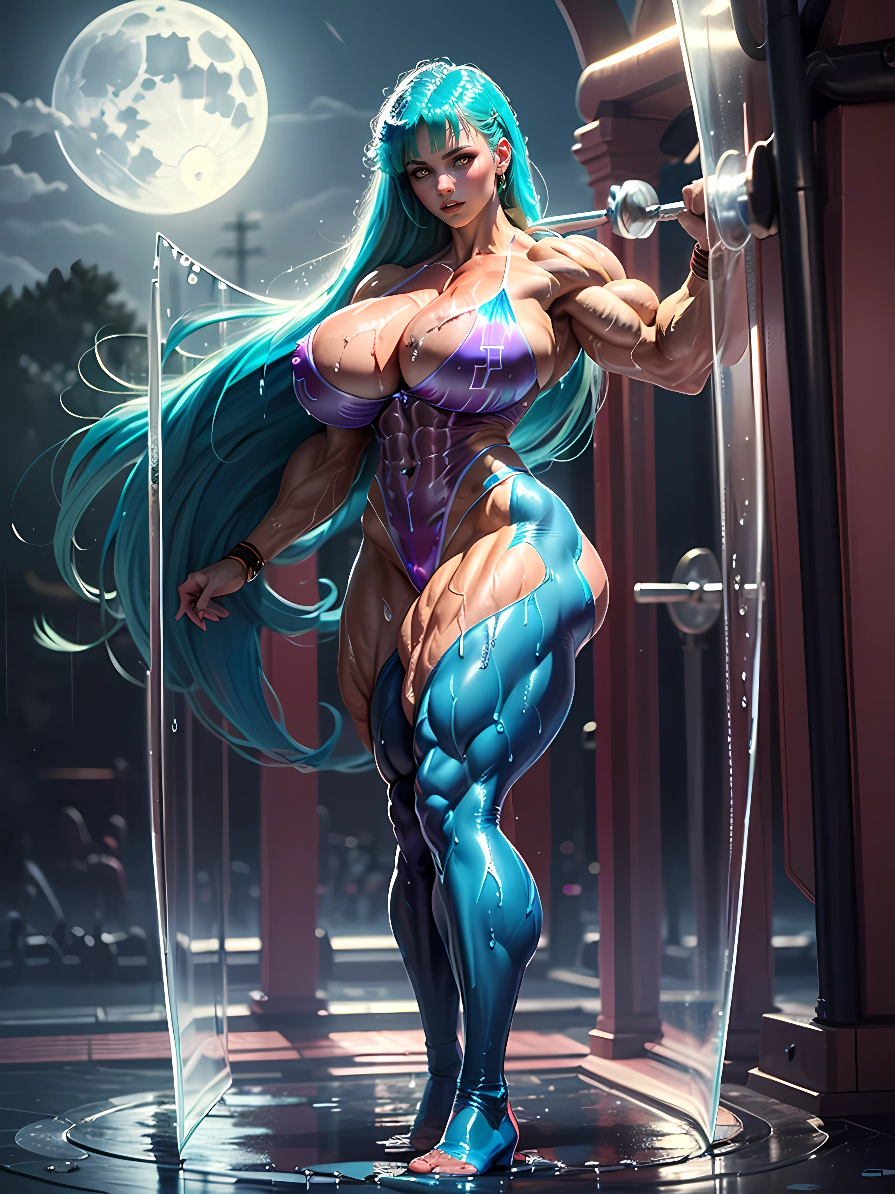 Masterpiece, (Full Body), Solo Morrigan Aensland, (wet transparent clothing:1.5), Tall, (Long Legs:1.5), (Massive Female Bodybuilder:1.7), (huge breasts:1.8), moonlight, symmetrical, Dutch angle