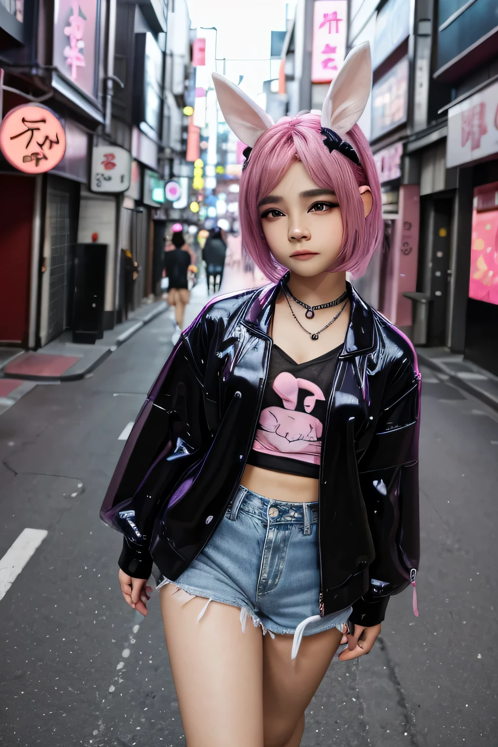 Back alleys in Tokyo、Night city、Neon Street、Sports good、Jeans shorts、Pink hair、Realistic rabbit ears、rabbit ears pink hair sticking out of the head,,,,,,,,,、smil、Bewitching atmosphere、Beautiful shaped hands、K-POP、Pink rabbit ears、1 girl in、solo、 masterpiece、top-quality、realisitic、Hyper-detailing、(Glossy skin:1.4)、absurderes、short pink hair、Slender beauties、Dynamic Lighting、hight resolution、sharp focus、depth of fields、(thick thight:1.0)、A slender :1.2、:1.5、((Short-cut bob hair))、((k pop:1.3))、Highly detailed facial and skin texture、((Enchanting))、Anatomically correct number of fingers、Correct anatomy、Angle from below