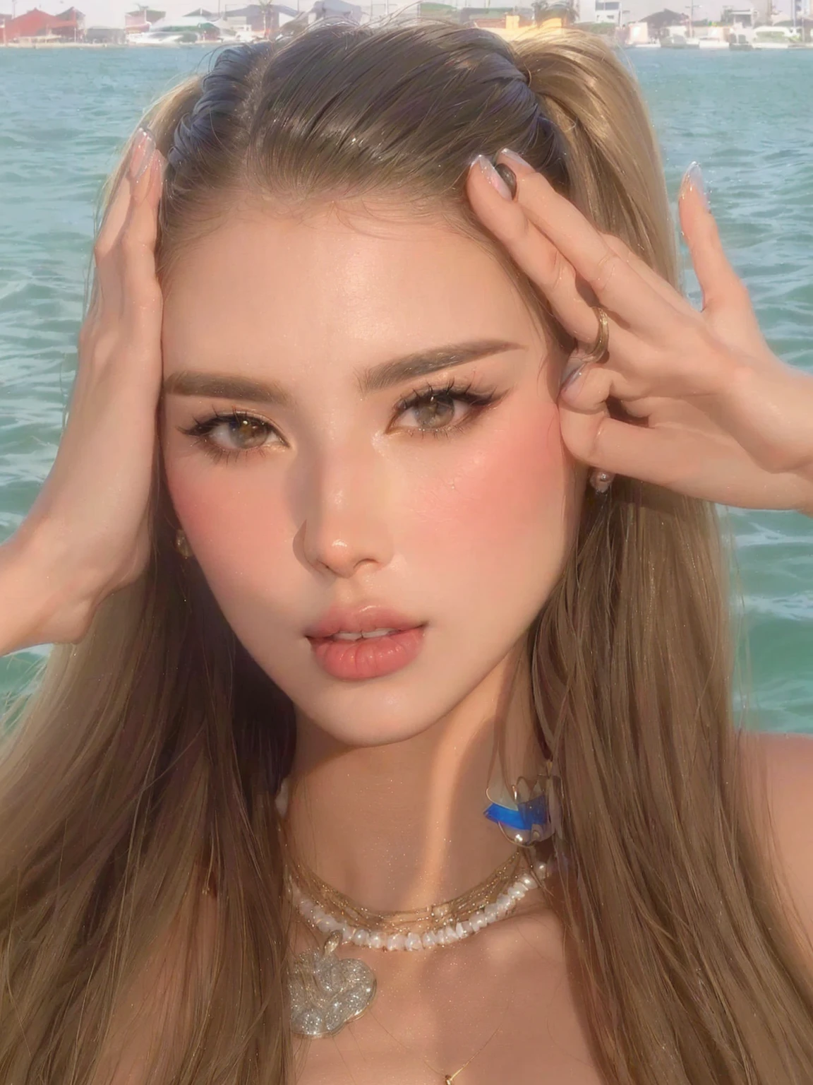 arafed woman with long hair and a necklace on her neck, tanned ameera al taweel, sexy face, sexy face with full makeup, portrait of demi rose, marischa becker, olivia culpo, alana fletcher, perfect face ), clear portrait of demi rose, gorgeous latina face, flawless face, 30-year-old woman from cuba