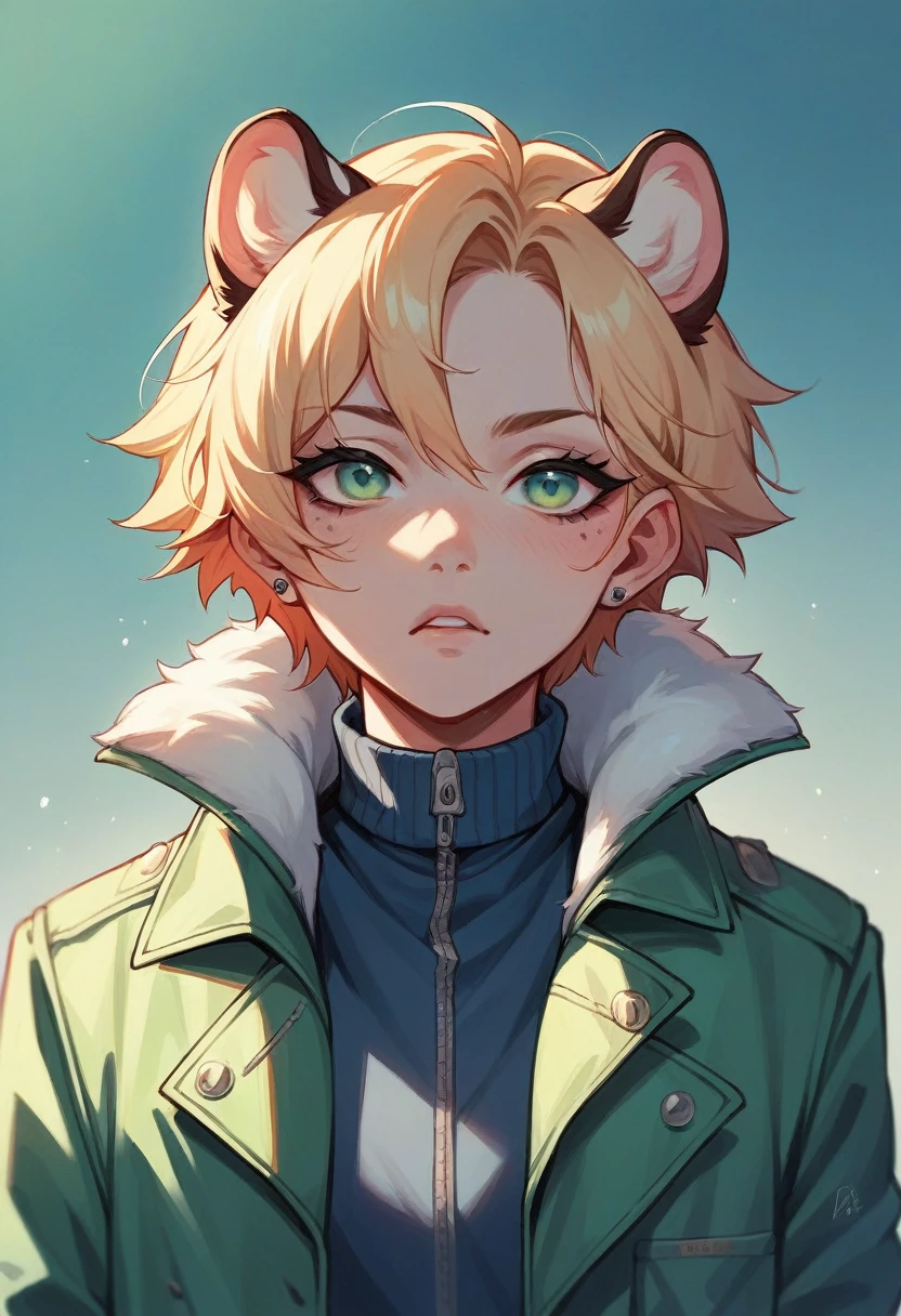 Snow leopard with eyeliner wearing a green M65 pilot jacket