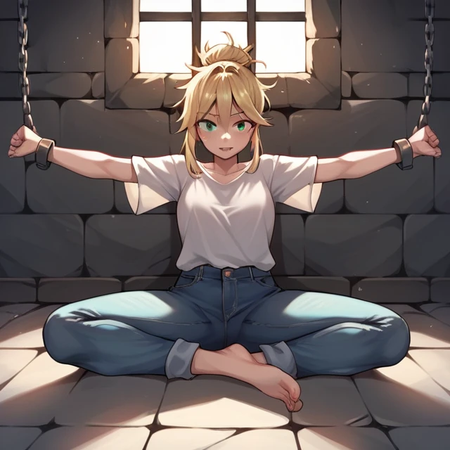 score_9, score_8_up, score_7_up, score_6_up, score_5_up, score_4_up, source_anime, 1girl, blonde hair, hair bun, green eyes, w-w-chain, spread arms, messy hair, white shirt, jeans pants, dungeon, best quality, best res, 4K UHD,
 