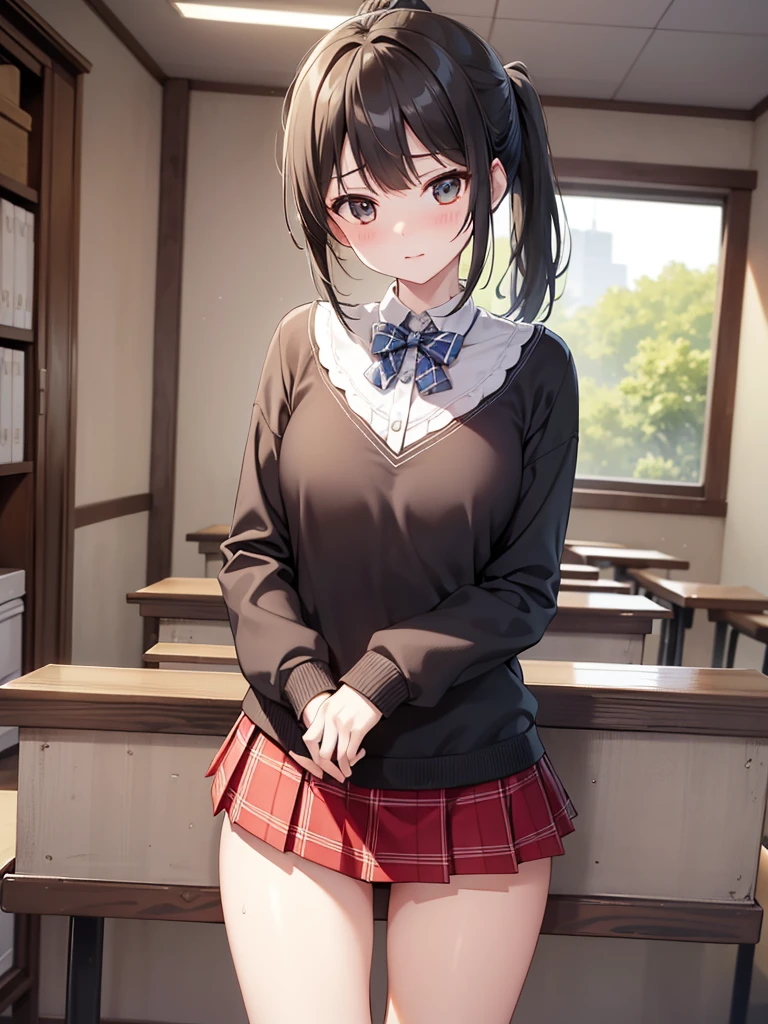 masutepiece, Best Quality, High resolution, Extremely detailed, Detailed background, Cinematic lighting, 
((closeup:1.03)),((cowboyshot)),((delicatebody:1.5)),((rasping:1.5)),
1girl in, Looking at Viewer, Wear a plaid shirt, microminiskirt, Pleated skirt, standing, Full body,  Sunlight, , Stand on the classroom , City Girl,ponytail,hight165cm,weight30kg,b60cm,w50cm,h65cm,